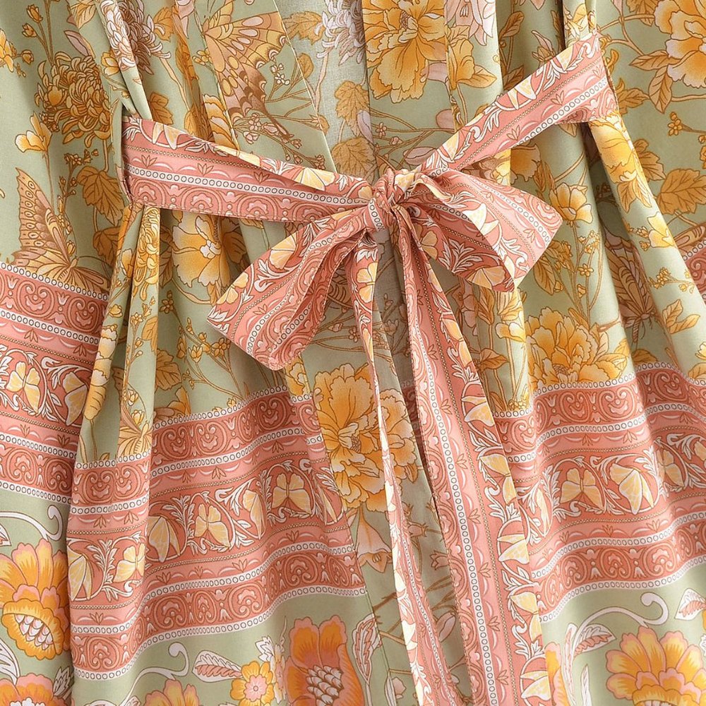 Whimsical Green Butterfly Floral Blossom Boho Kimono Robe - Picture 5 of 8
